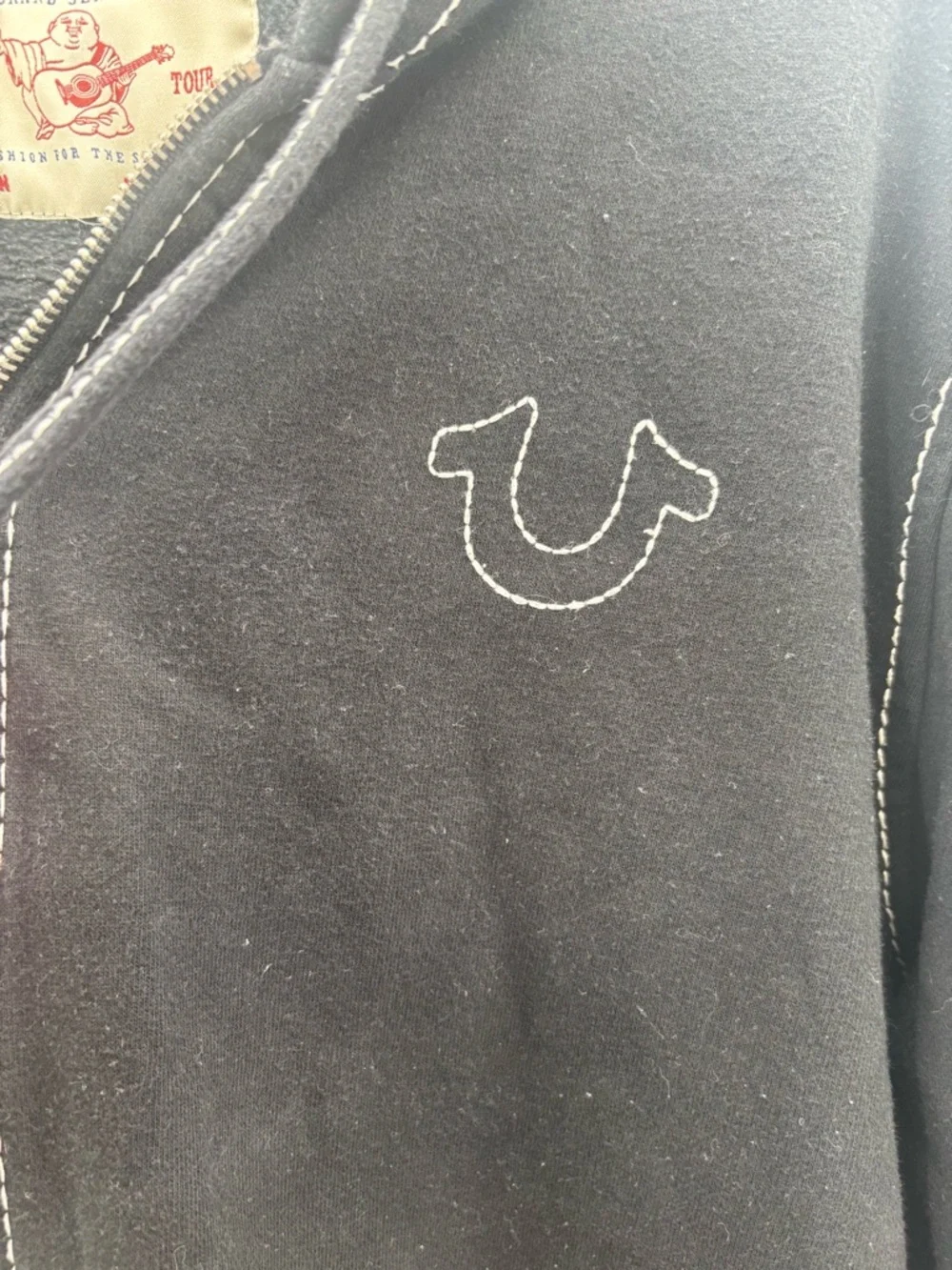 True Religion Big T Black Zip-Up Hoodie with White Contrast Stitching